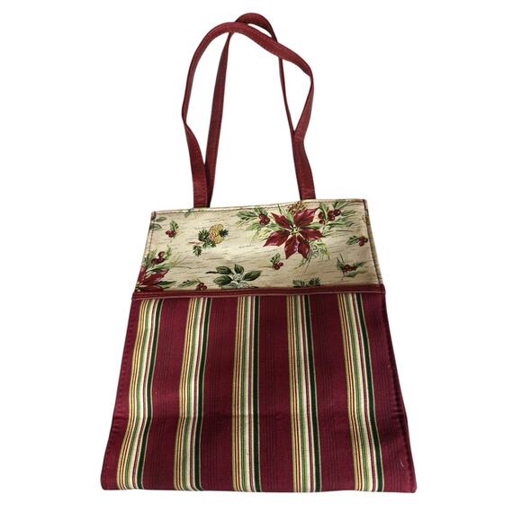 Longaberger Holiday Christmas Gift Bag Holly Berry Poinsettia Striped Fabric 9" - Picture 2 of 9
